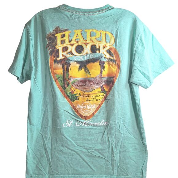 Hard Rock Cafe St. Maarten Tee Mens Size M Green T-shirt Guitar Pick Design Back - Picture 1 of 5